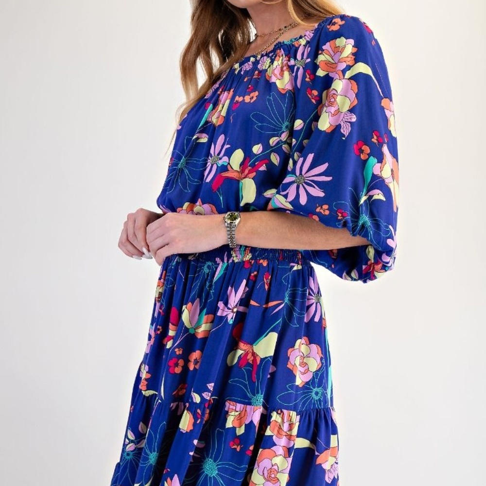 FLORAL PRINTED CHALLIS DRESS Royal Blue - Picture 2 of 6